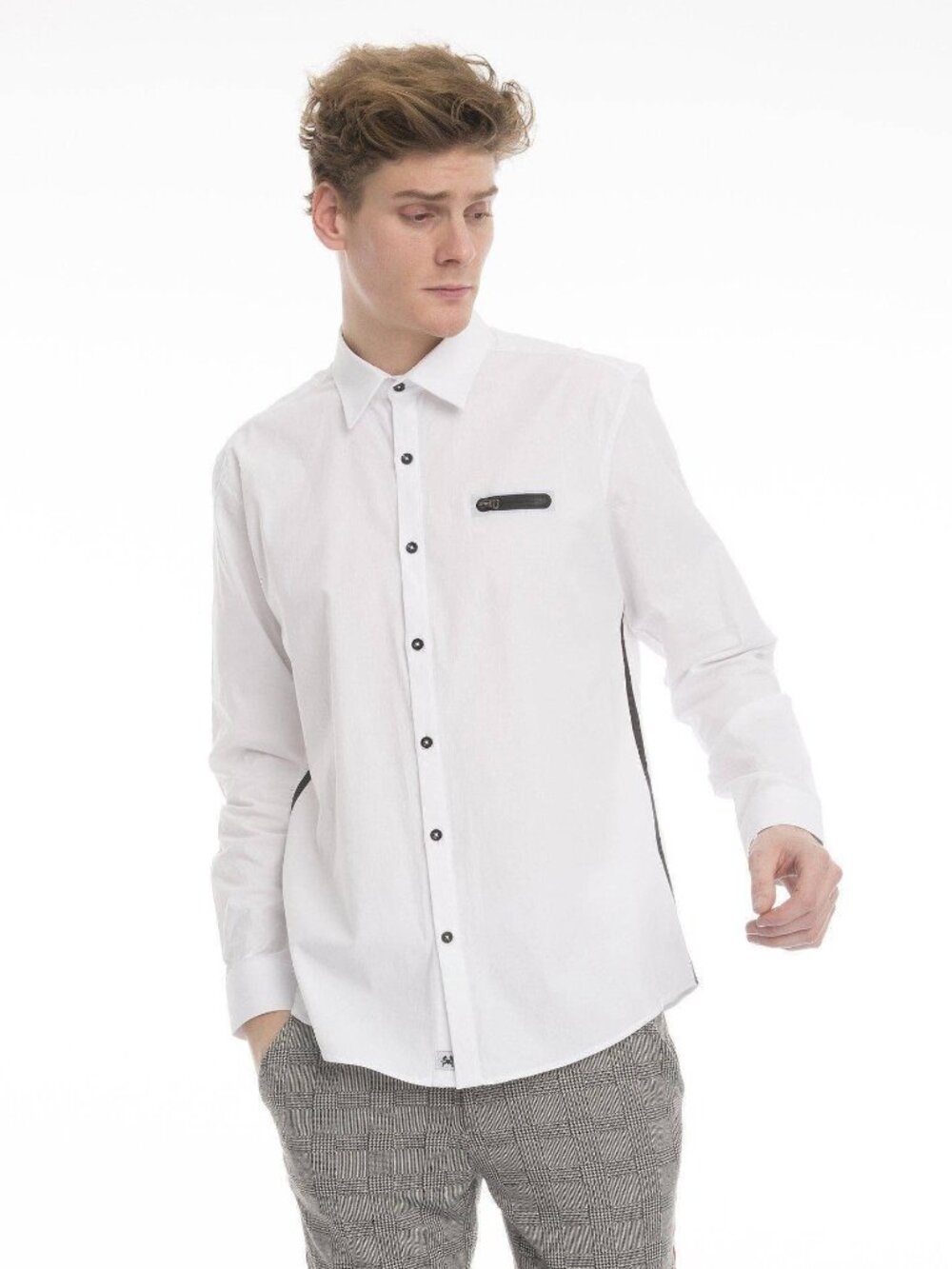 RNT 23 White Slit Constract Button Up Shirt/2527